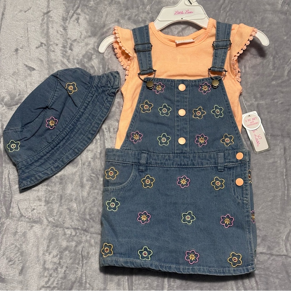 Little Lass Girl’s Denim Jumper W/ Matching Hat Flower Embroidery  Size 5T NWT